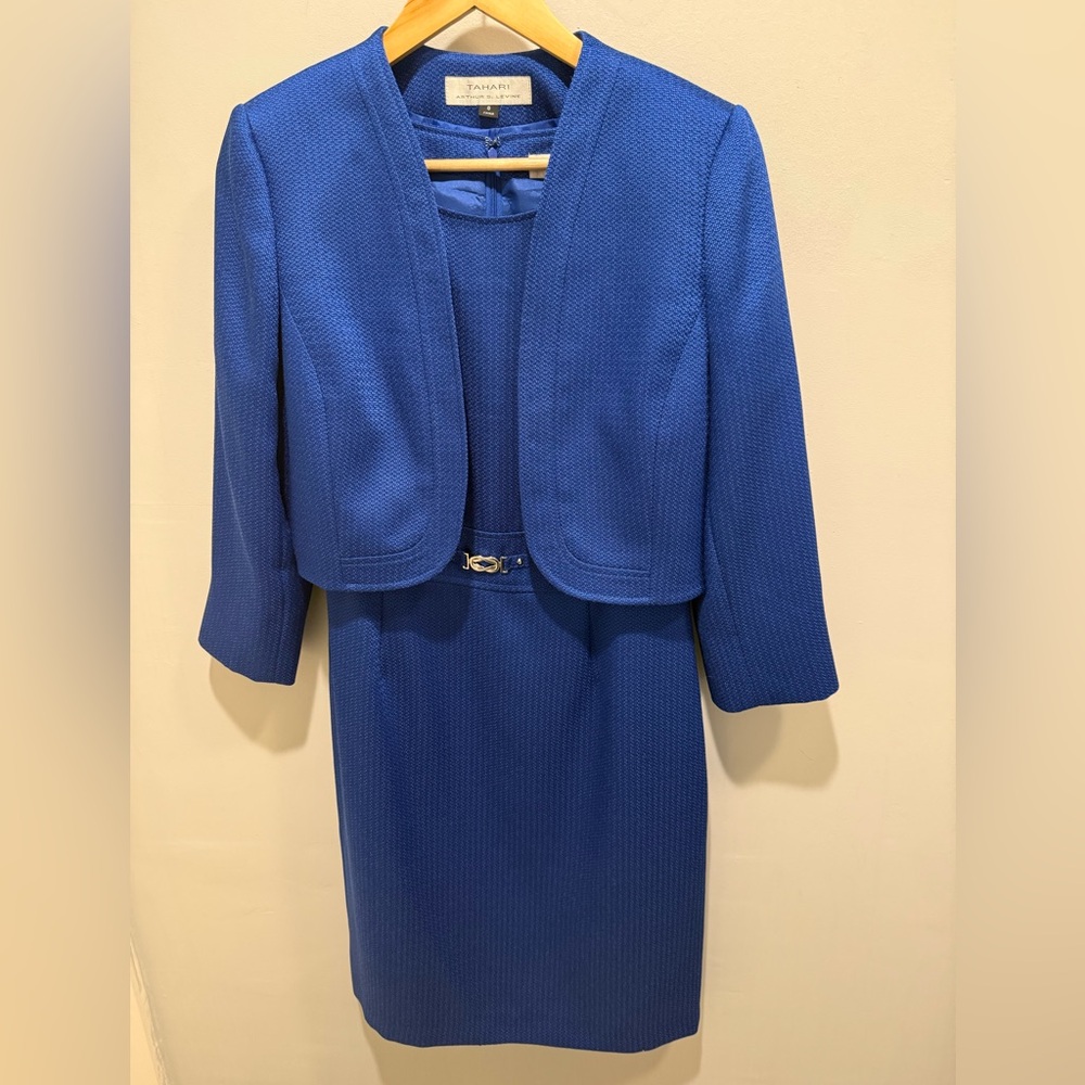 Tahari ASL Blue 2-Piece Suit Set Size 8 Sheath Dress & Cropped Blazer